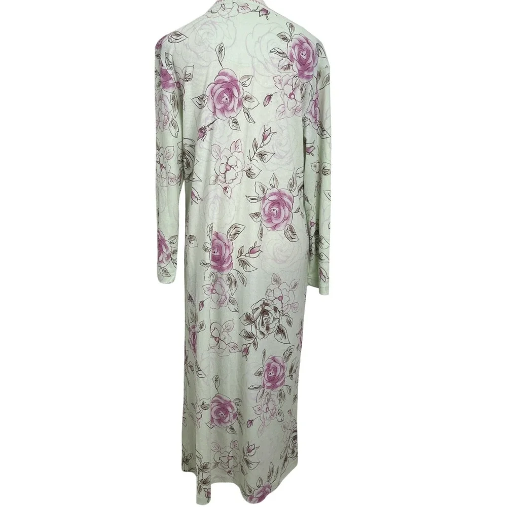 Of the Moment Nightgown Womens Medium Green Pink Good Floral‎ Ribbed Henley Long